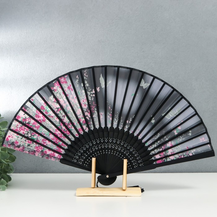 Веер бамбук, текстиль h=21 см  Веер бамбук, текстиль h=21 см "Цветы и бабочки" чёрный, с кисточкой