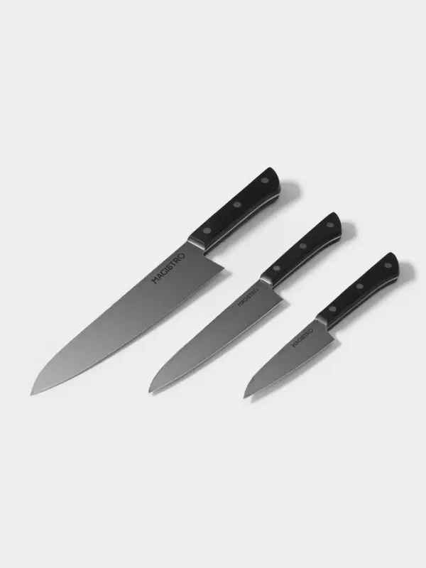 Набор кухонных ножей Magistro Hinshitsu, 3 шт. овощной, универсальный, шеф, нержавеющая сталь, чёрный