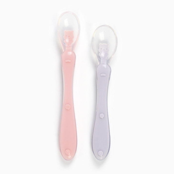 Ложка детская силиконовая для прикорма, набор 2 шт.. «Милые зверята», цвет розовый и фиолетовый, Крошка Я