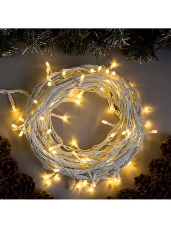 Гирлянда &laquo;Нить&raquo; 10 м, IP44, УМС, белая нить, 100 LED, свечение тёплое белое, 220 В
