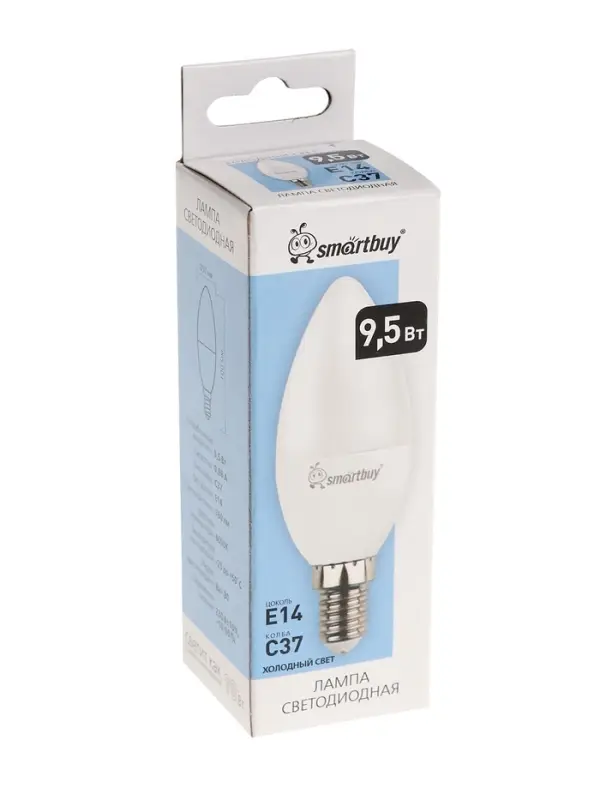 Лампа светодиодная Smartbuy, Е14, C37, 9.5 Вт, 6000 К, холодный белый свет