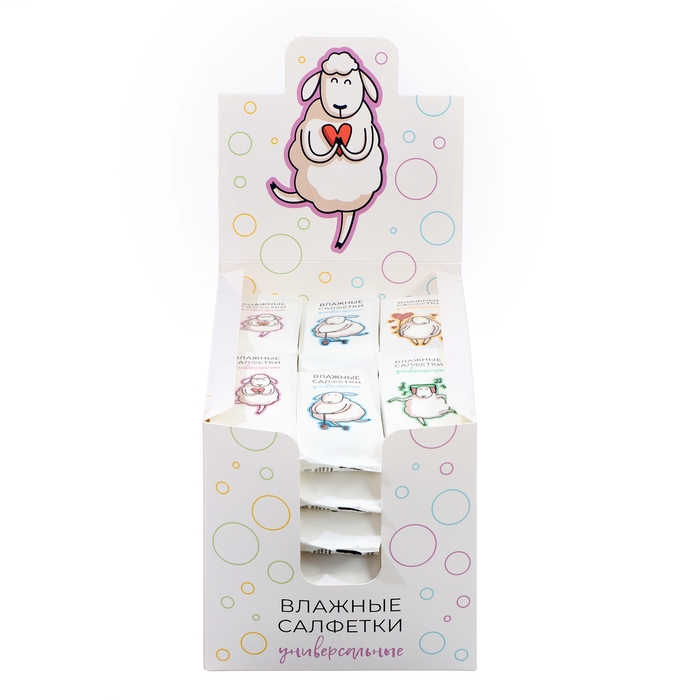 Влажные салфетки Влажные салфетки "Овечки" универсальные, с хлопком, шоу-бокс, 36 упаковок по 8 шт