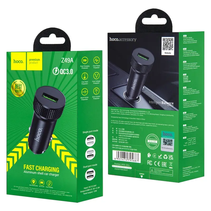 Переходник автомобильного зарядного устройства на USB 18W QC3.0 Z49A HOCO черный