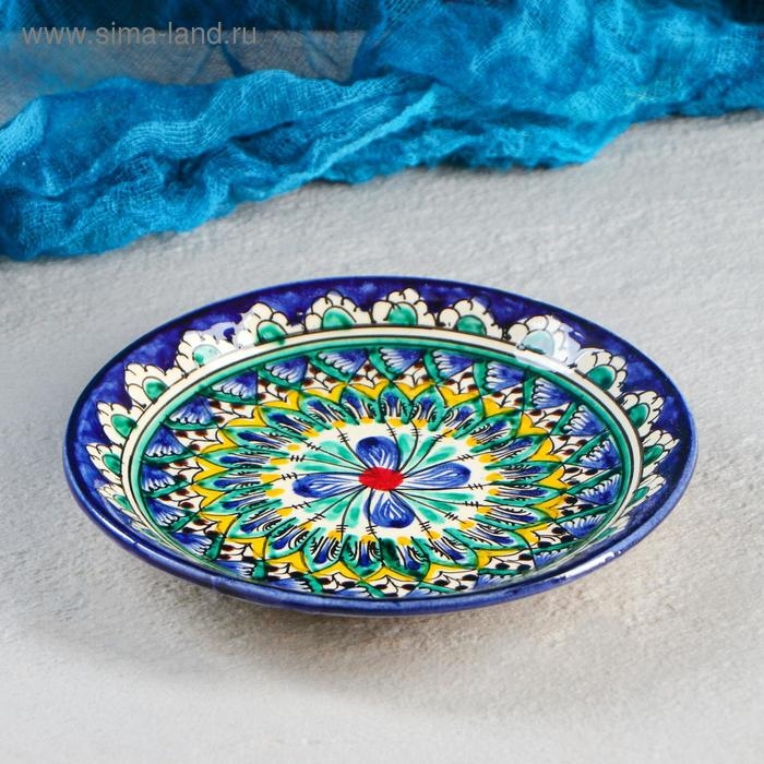 Тарелка Риштанская Керамика Тарелка Риштанская Керамика "Цветы", синяя, плоская, 15 см