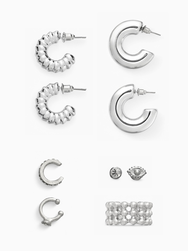 Серьги и каффы «Бублик», набор 9 шт. цвет серебро