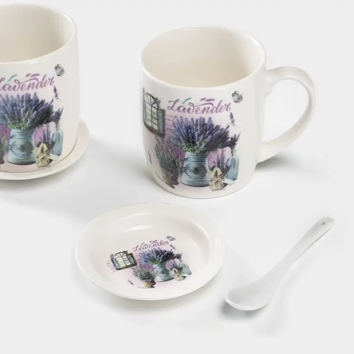 Набор кружек с ложками и подставками &laquo;Букет лаванды&raquo;, 2 предмета: 330 мл, керамика, рисунок МИКС