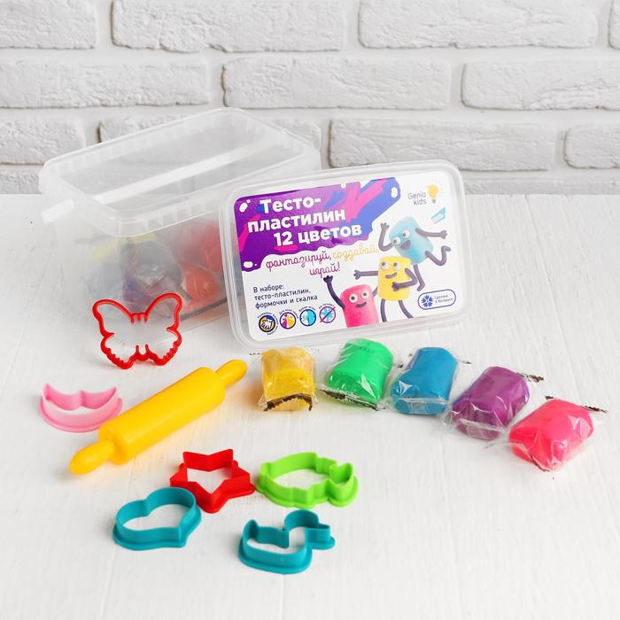 Тесто-пластилин, 12 цветов, 6 формочек + скалка: 16 см Тесто-пластилин, 12 цветов, 6 формочек + скалка: 16 см