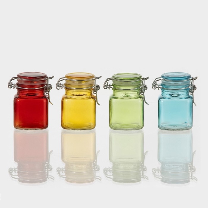 Банка стеклянная для хранения сыпучих продуктов «Квадрат», 100 мл, 5,5×8 см, с бугельным замком, цвет МИКС Банка стеклянная для хранения сыпучих продуктов «Квадрат», 100 мл, 5,5×8 см, с бугельным замком, цвет МИКС