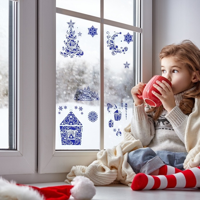 Набор наклеек на окна Набор наклеек на окна "Новогодний" синий цвет, ёлочка, дом, 37 х 37 см