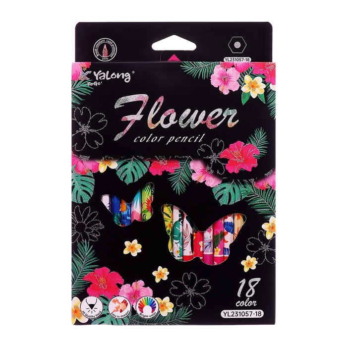 Карандаши 18 цветов в картонной коробке, шестигранные, деревянные,Цветы на чёрном МИКС Карандаши 18 цветов в картонной коробке, шестигранные, деревянные,Цветы на чёрном МИКС