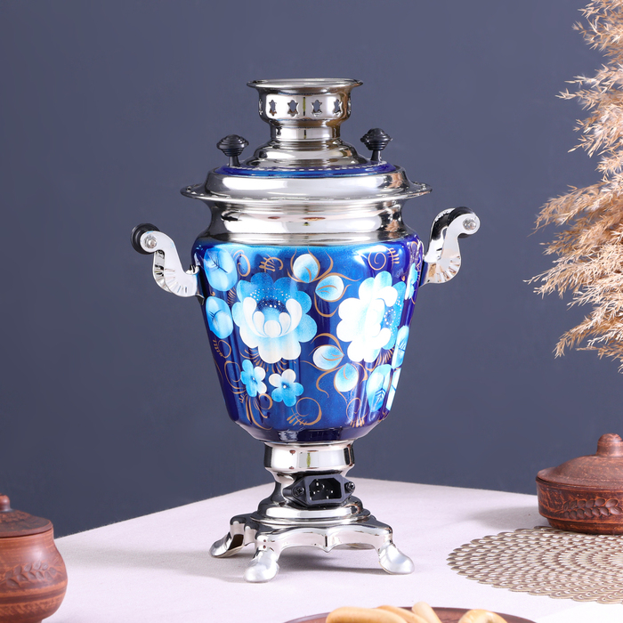 Набор «Жостово на синем», рюмка, 3 предмета, самовар 3 л, заварочный чайник 0,7 л, поднос Набор «Жостово на синем», рюмка, 3 предмета, самовар 3 л, заварочный чайник 0,7 л, поднос