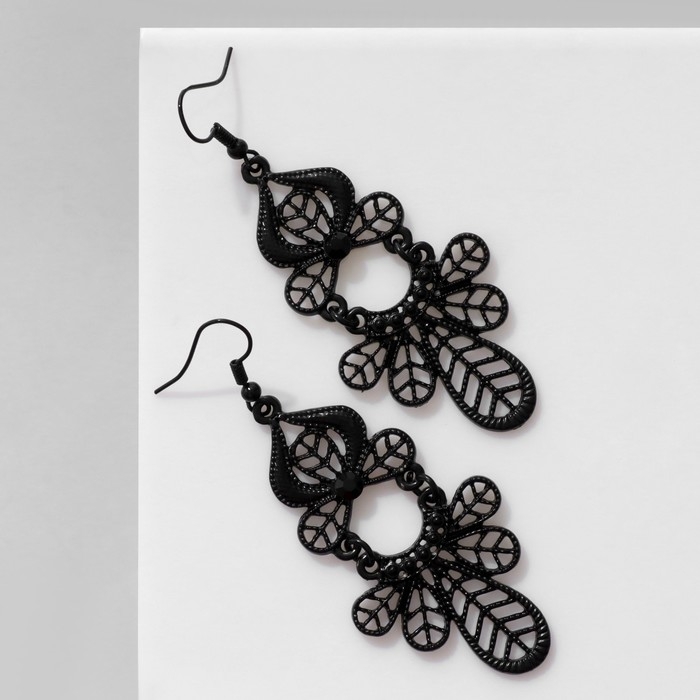 Серьги «Ажур» листья, цвет чёрный в чёрном металле, 7,5 см