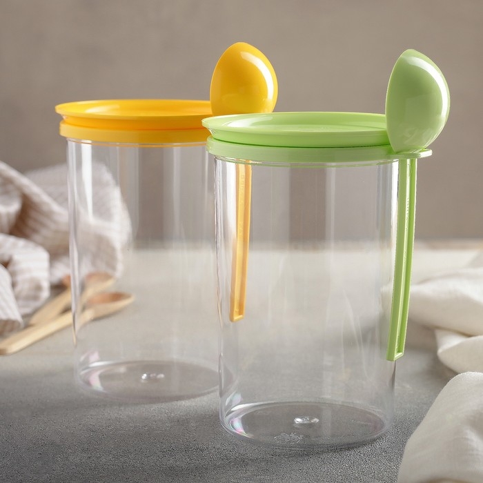 Банка для сыпучих продуктов, 700 мл, с ложкой, прозрачная, крышка МИКС Банка для сыпучих продуктов, 700 мл, с ложкой, прозрачная, крышка МИКС