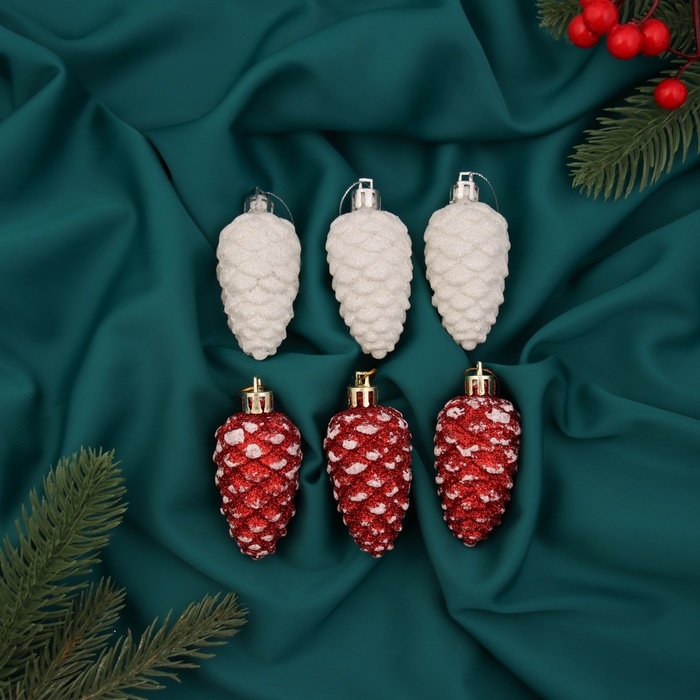 Украшение ёлочное Украшение ёлочное "Шишки ассорти классик" (набор 6 шт) 7,5х3,5 см, красный белый