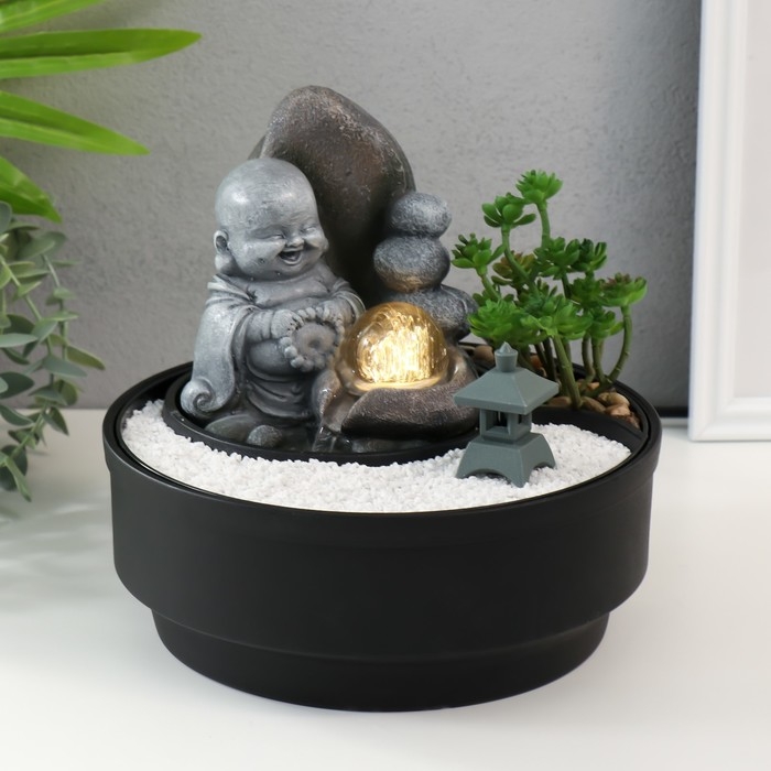 Фонтан настольный от сети, подсветка  Фонтан настольный от сети, подсветка "Маленький хотей в саду Дзен" 21х21х21 см