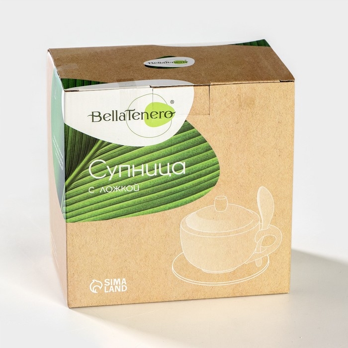 Супница фарфоровая с ложкой на бамбуковой подставке BellaTenero, 450 мл, 15×11,5×7,5 см, цвет белый Супница фарфоровая с ложкой на бамбуковой подставке BellaTenero, 450 мл, 15×11,5×7,5 см, цвет белый