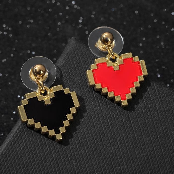 Серьги акрил &laquo;Сердечки&raquo; пиксели, цвет красно-чёрный в золоте