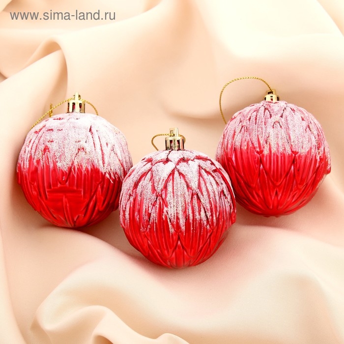 Набор шаров пластик d-7 см, 3 шт "Иней" красный