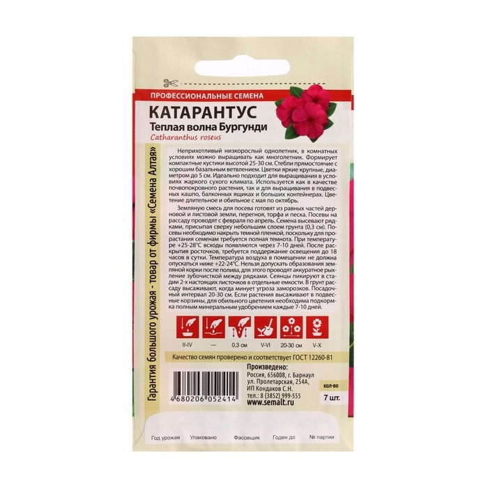 Семена цветов Катарантус Семена цветов Катарантус "Теплая волна", бургунди, 5 шт