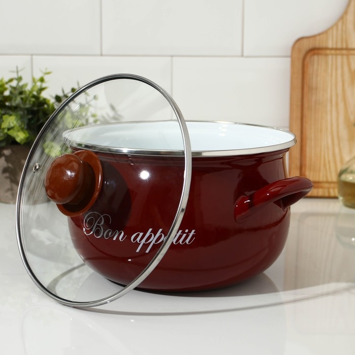 Кастрюля эмалированная, «Бордо», 4 л, стеклянная крышка, индукция, цвет бордовый Кастрюля эмалированная, «Бордо», 4 л, стеклянная крышка, индукция, цвет бордовый