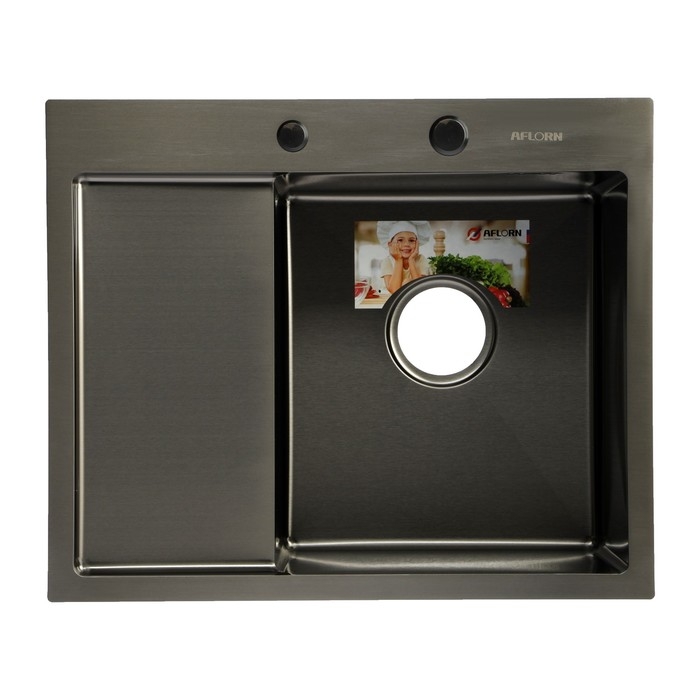 Мойка кухонная AFLORN AF95848F-R, врезная, правая, S=3 и 0,8 мм, 58х48х22 см, сифон, графит Мойка кухонная AFLORN AF95848F-R, врезная, правая, S=3 и 0,8 мм, 58х48х22 см, сифон, графит