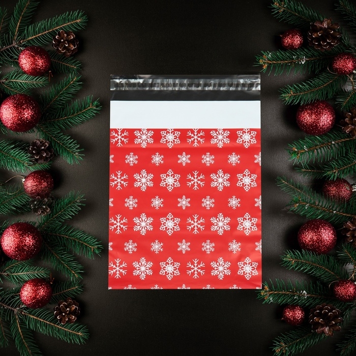 Курьерский пакет с клеевым клапаном новогодний,  Курьерский пакет с клеевым клапаном новогодний, "Снежинки", 25 х 35 см. Новый год