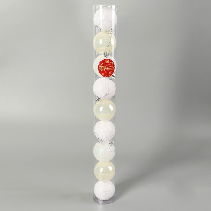 Набор шаров пластик d-6 см, 9 шт Набор шаров пластик d-6 см, 9 шт "Мелодия" узор блеск, белый