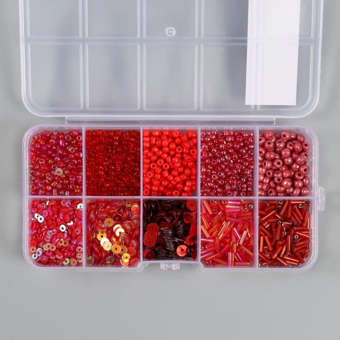 Бисер стекло 6/0, 12/0 в шкатулке  Бисер стекло 6/0, 12/0 в шкатулке "Алый" стеклярус и пайетки 12,5х6,5х2 см
