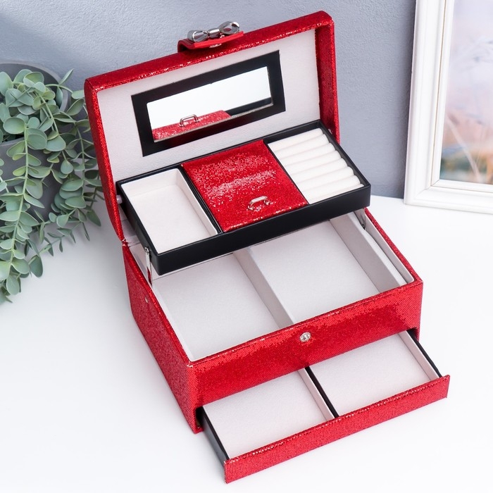 Шкатулка кожзам для украшений сундук с бантом  Шкатулка кожзам для украшений сундук с бантом "Мелкие квадратики. Красный" 13,5х16,5х23 см