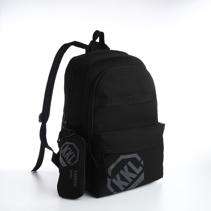 Рюкзак школьный из текстиля на молнии, 3 кармана, сумка, держатель для чемодана, цвет чёрный Рюкзак школьный из текстиля на молнии, 3 кармана, сумка, держатель для чемодана, цвет чёрный