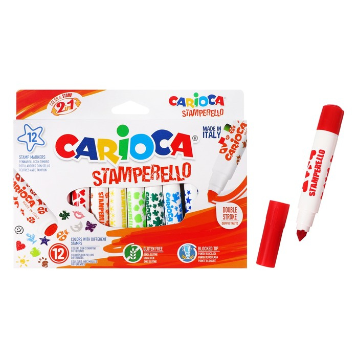 Фломастеры двусторонние 12 цветов, Carioca  Фломастеры двусторонние 12 цветов, Carioca "Stamperello", с трафаретами, смываемые чернила, в картонной коробке