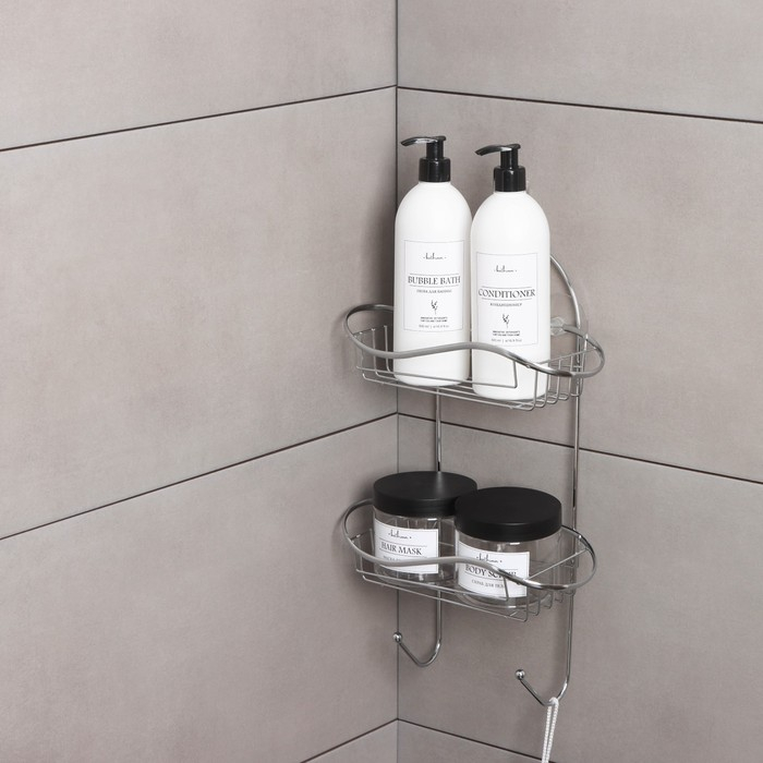 Полка 2-х ярусная на присоске Доляна «Волна», 25×11×45 см, 2 крючка, цвет хромированный Полка 2-х ярусная на присоске Доляна «Волна», 25×11×45 см, 2 крючка, цвет хромированный