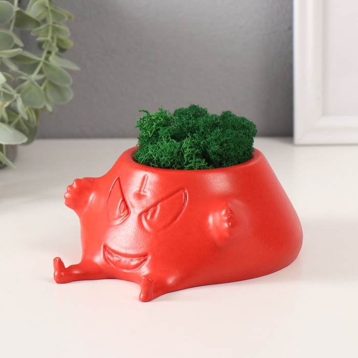 Кашпо бетонное  Кашпо бетонное "Злобный смех" со мхом 6,5*12,5см красный (мох зеленый стабилизированный)