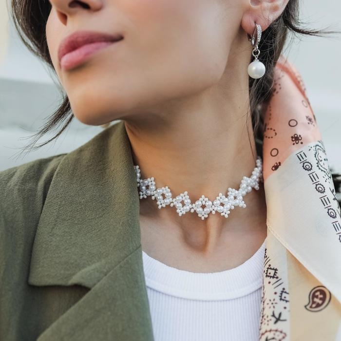 Чокер «Жемчуг» вышивка, цвет белый в серебре, 30 см Чокер «Жемчуг» вышивка, цвет белый в серебре, 30 см