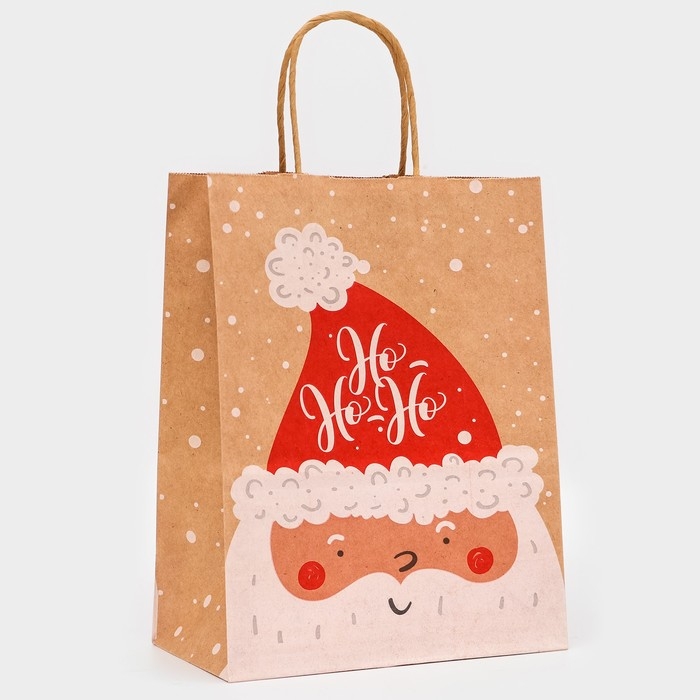 Новый год. Пакет бумажный подарочный новогодний крафт Новый год. Пакет бумажный подарочный новогодний крафт "Дед Мороз", 27 х 21 х 11 см.