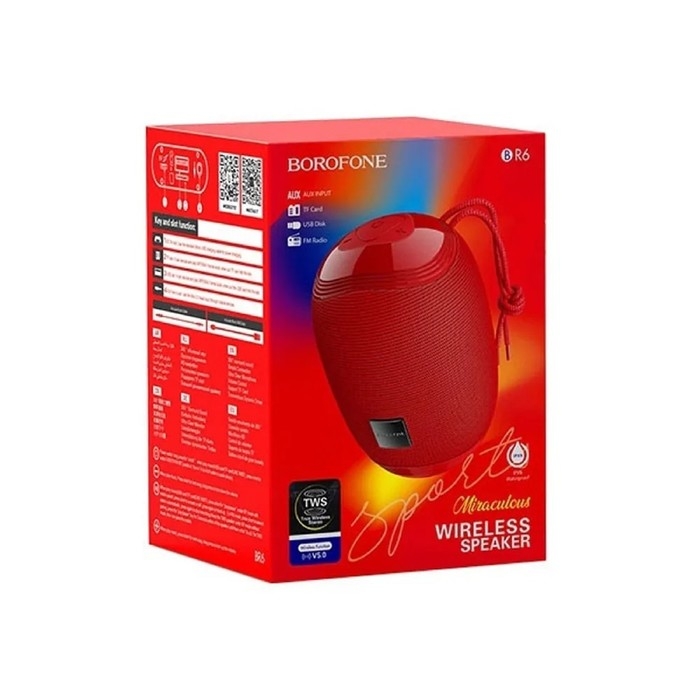 Портативная колонка Borofone R6, 10 Вт, BT5.0, AUX, FM, microSD, USB, 1200 мАч, красная Портативная колонка Borofone R6, 10 Вт, BT5.0, AUX, FM, microSD, USB, 1200 мАч, красная
