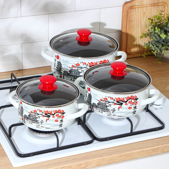 Набор эмалированных кастрюль «Ветка сакуры», 3 предмета: 1,5 л, 2 л, 3 л, индукция Набор эмалированных кастрюль «Ветка сакуры», 3 предмета: 1,5 л, 2 л, 3 л, индукция
