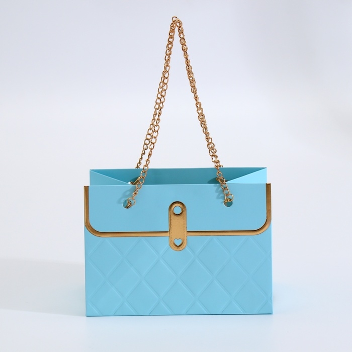 Пакет для цветов, ручка цепь, Пакет для цветов, ручка цепь, "Лазурный", с золотым тиснением, 15 х 10,5 х 10 см