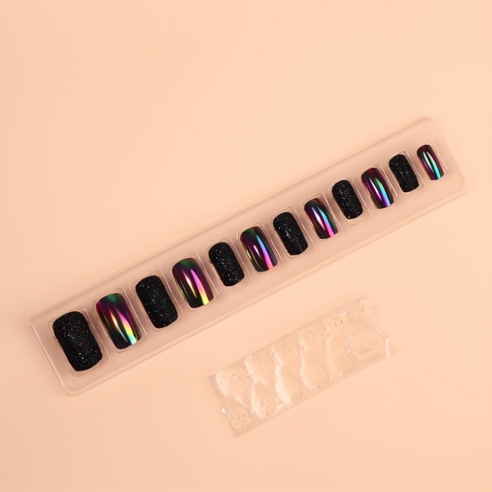 Накладные ногти «Ночь», 12 шт, с блёстками и голографией, с клеевыми пластинами, форма мягкий квадрат, чёрные