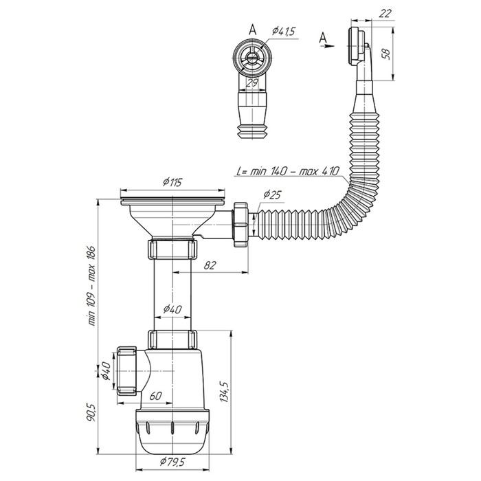 Сифон для мойки  Сифон для мойки "АНИ Пласт" Грот A0142S, 3 1/2"х40 мм, нерж решетка d=115мм, круглый перелив