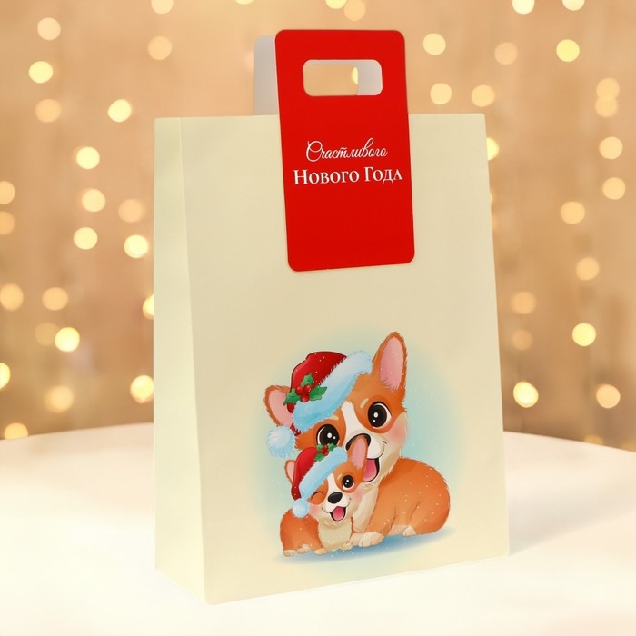 Пакет подарочный новогодний с вырубной ручкой Пакет подарочный новогодний с вырубной ручкой "Корги" 30 х 40 х 12 см.
