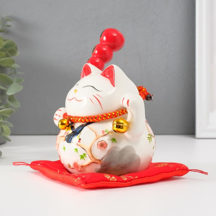 Копилка керамика Копилка керамика "Кот манэки-нэко на коврике с колокольчиками" 12,5х13х10,5 см