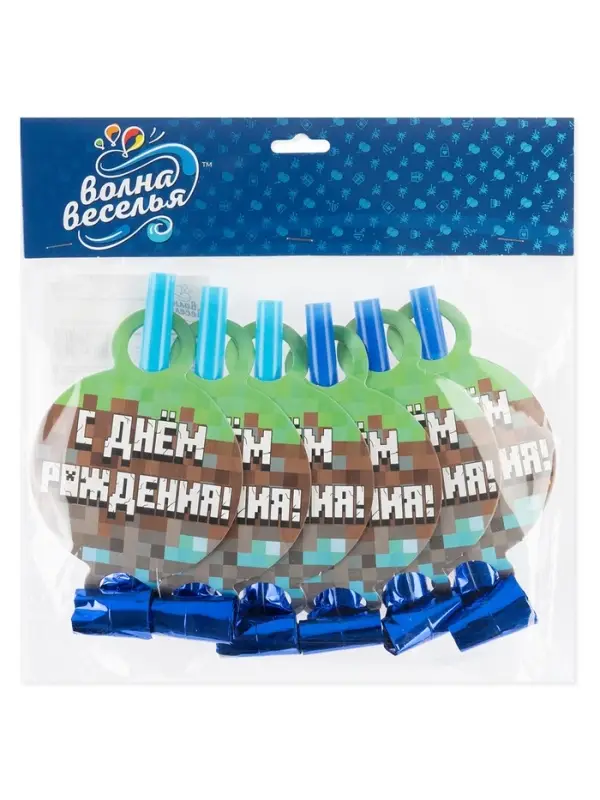 Карнавальные язычки гудки "Пиксели "11 см, 6 шт. в упак.