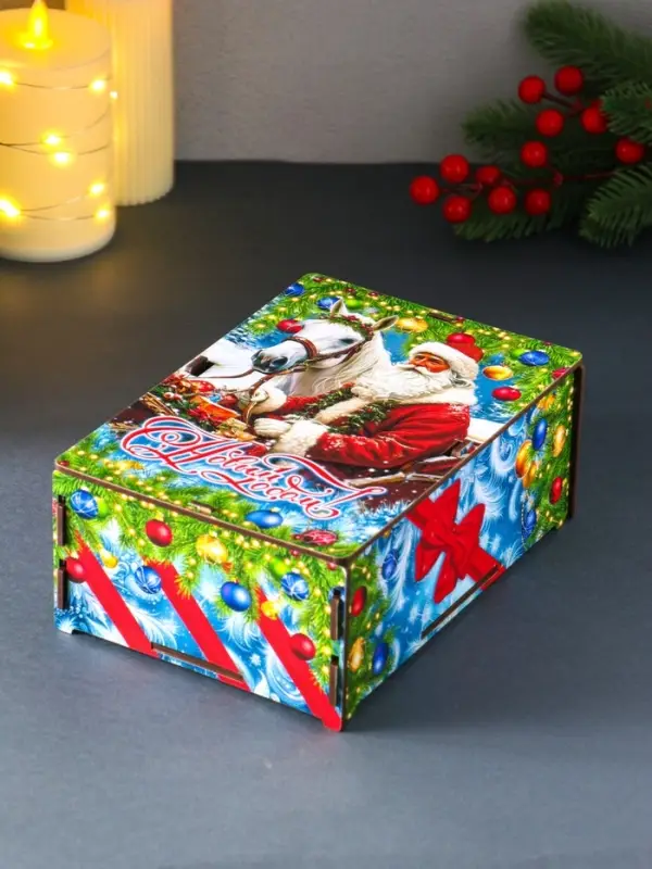 Шкатулка-ящик  самосборный малый с символом года "Дед Мороз и лошадь",  20х13,6х8 см