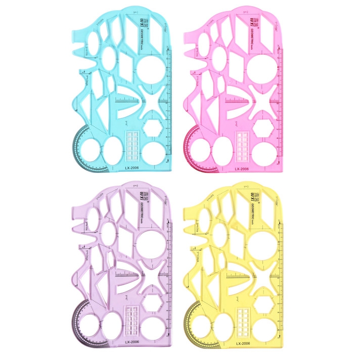 Линейка-трафарет, пластик, с транспортиром, для черчения фигур, МИКС Линейка-трафарет, пластик, с транспортиром, для черчения фигур, МИКС