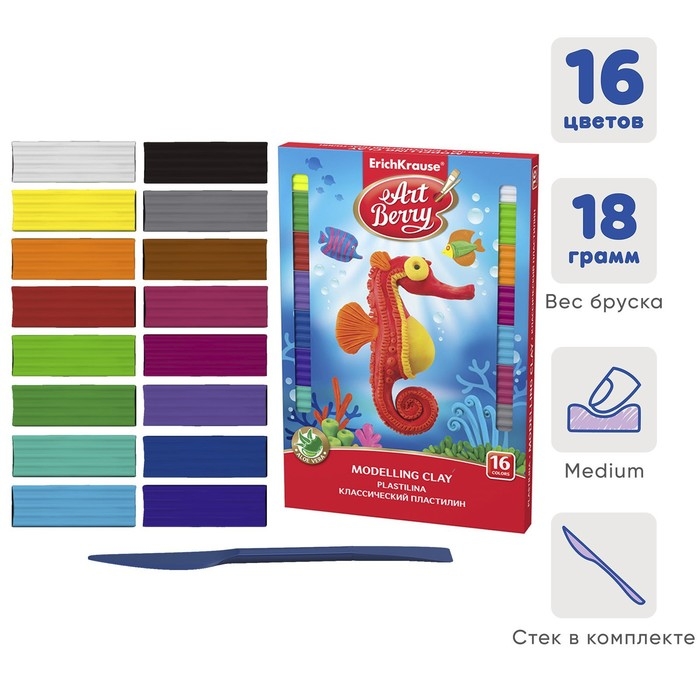 Пластилин 16 цветов, 288 г, ErichKrause, с алоэ вера, со стеком, индивидуальная упаковка брусков, в картонной упаковке Пластилин 16 цветов, 288 г, ErichKrause, с алоэ вера, со стеком, индивидуальная упаковка брусков, в картонной упаковке