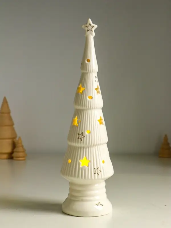 Сувенир керамика свет "Ёлочка со звёздами" белый с золотом 7х7х24 см