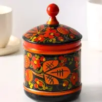 Банка для хранения сыпучих продуктов &laquo;Земляничка&raquo;, кадочка средняя, 8.5&times;15 см, дерево, хохлома, МИКС