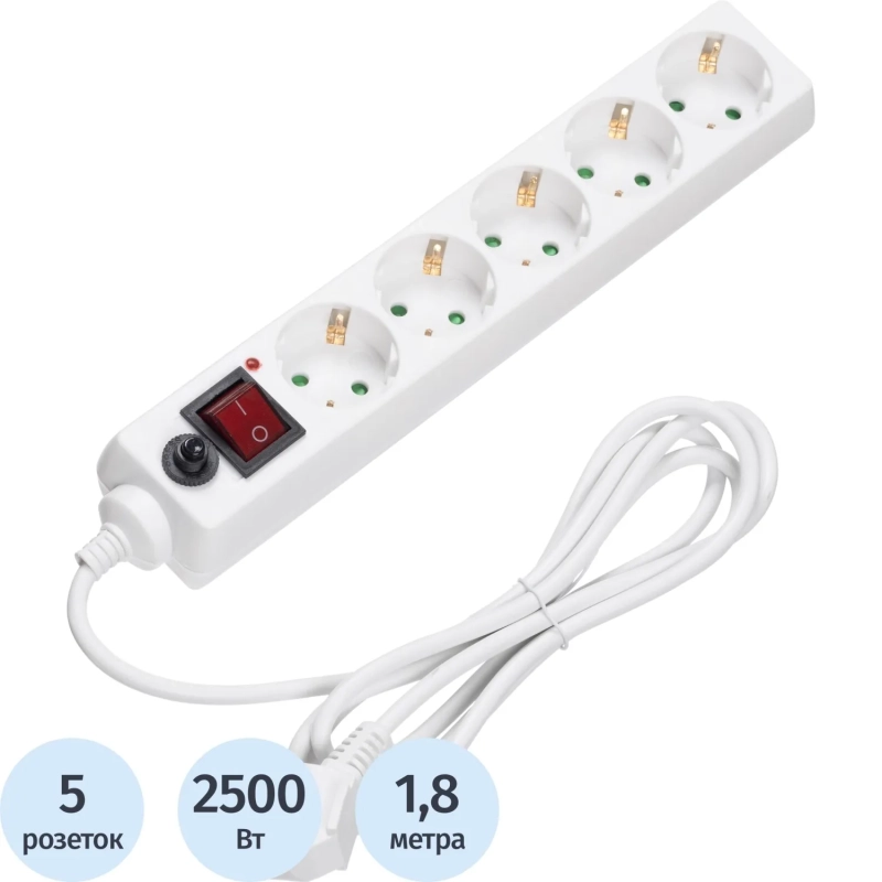 Сетевой фильтр BigTech CD5-1,8W75 (5р/1,8м/10А/2500Вт 0,75мм белый)