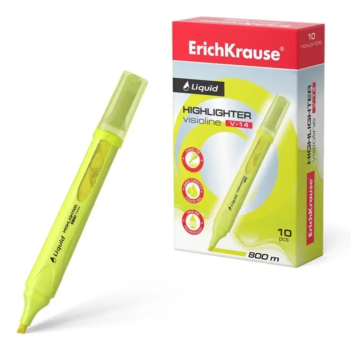 Маркер текстовыделитель ErichKrause Liquid Visioline V-14 Neon, 0.6-4.0 мм, жидкие чернила на водной основе, жёлтый Маркер текстовыделитель ErichKrause Liquid Visioline V-14 Neon, 0.6-4.0 мм, жидкие чернила на водной основе, жёлтый